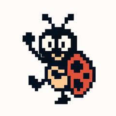 Charming pixel art ladybug waving hello, perfect for playful designs and vintage vibes