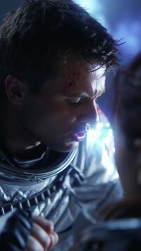 Close Up of Injured Astronaut and Woman in Low Light