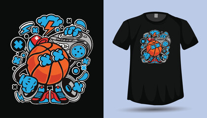 Urban Cartoon Basketball Character T-Shirt Design Vector, Hip Hop Street Style Sports Illustration

