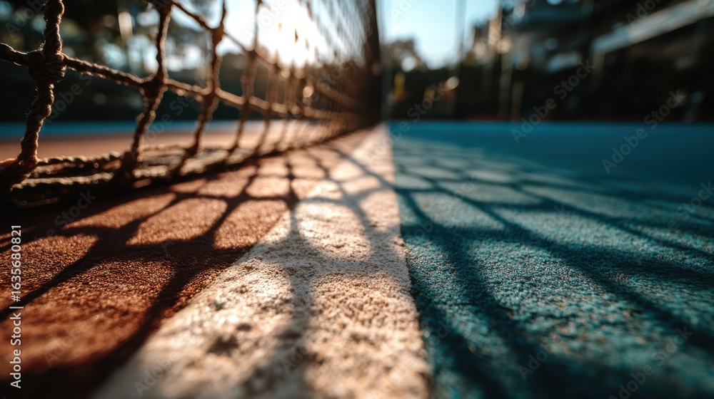 Poster a close-up view of a tennis court, featuring the net and colorful court surface, with shadows creati