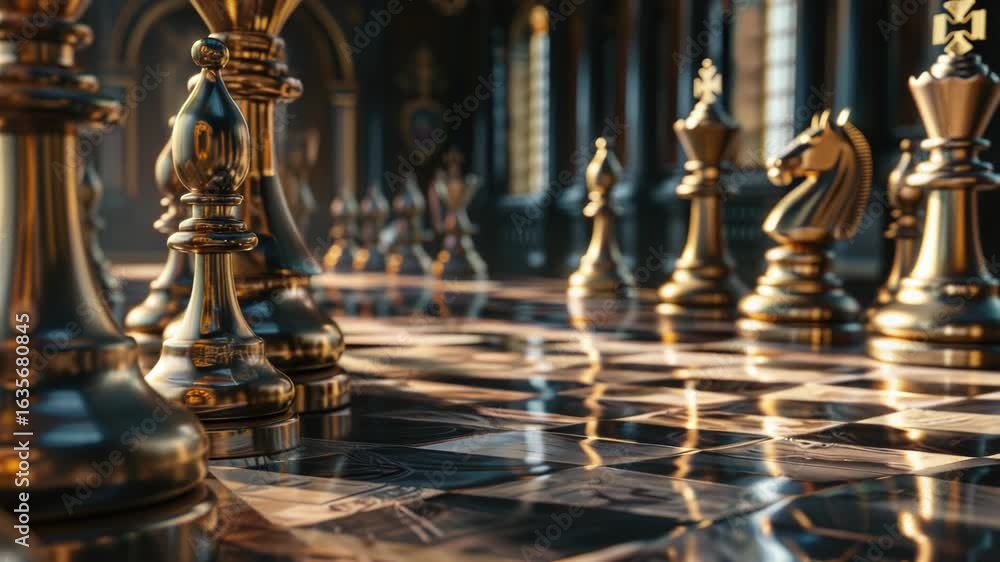 Poster a detailed view of a chessboard with many pieces in various positions, ideal for use in articles abo