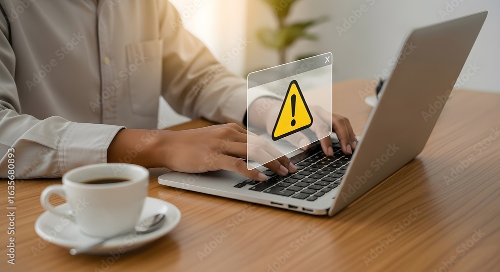 Poster cyber security alert - man using laptop with warning sign overlay
