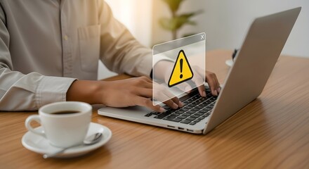 Cyber Security Alert - Man Using Laptop with Warning Sign Overlay
