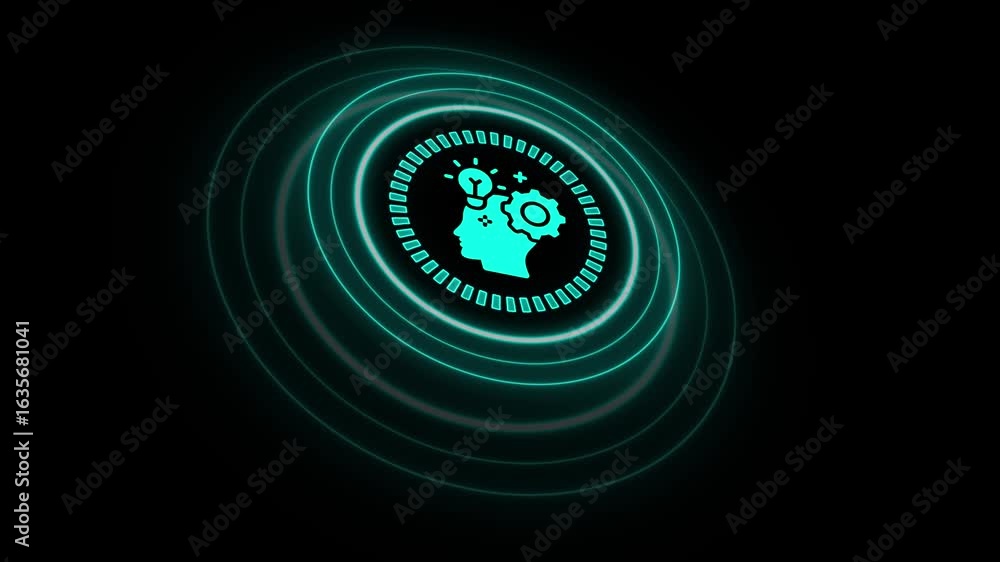 Poster futuristic symbol of creative thinking and problem-solving with glowing rings,glowing neon icon repr