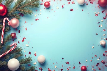 Vintage Christmas background with red and white balls decoration, fir tree branches, candy canes, confetti. Retro Christmas card template in blue and pink cinematic style with copy space