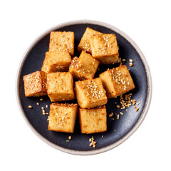 Crispy Fried Tofu Cubes with Sesame Seeds on a Plate, Delicious Asian Cuisine