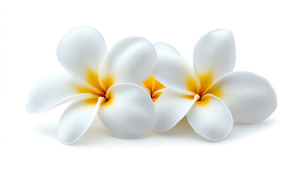 Two beautiful white plumeria flowers with vibrant yellow centers isolated on a clean white background.