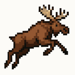 Fototapeta premium Pixelated moose leaping dynamically against a neutral backdrop, perfect for wildlife projects