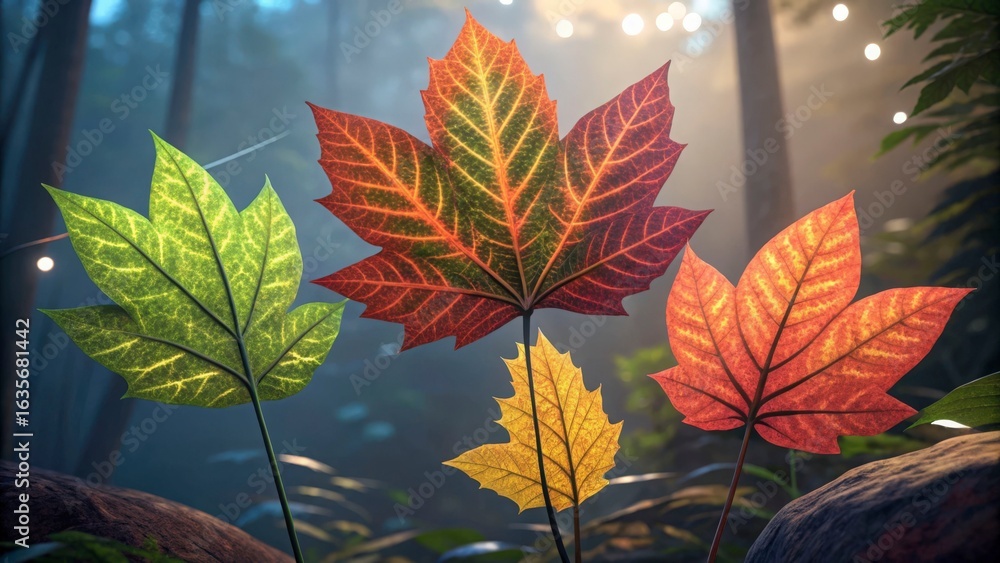 Aufkleber a collection of colorful autumn leaves standing in a forest with bokeh lights in the background