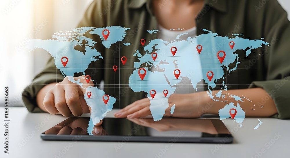 Poster global business - man using tablet with location pins overlay
