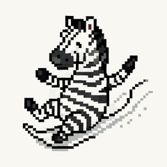 Fototapeta premium Retro pixel art zebra joyfully snowboarding down a snowy slope with enthusiasm