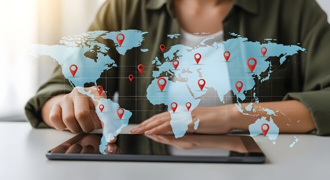 Global Business - Man Using Tablet with Location Pins Overlay