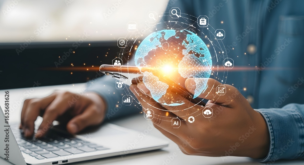 Poster global connection - man using smartphone with earth projection and digital icons