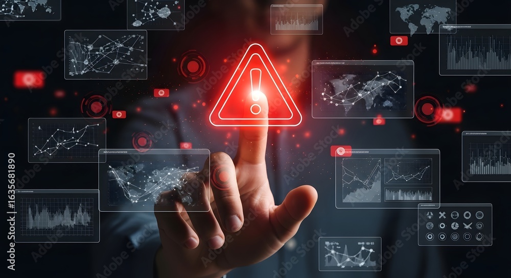 Poster hand interacting with futuristic data interface showing warning sign