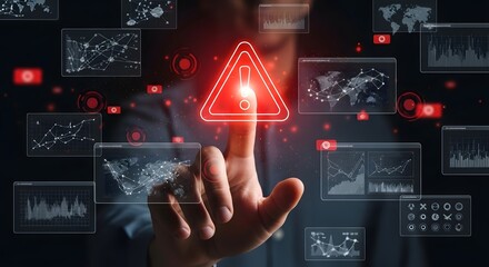 Hand Interacting with Futuristic Data Interface Showing Warning Sign
