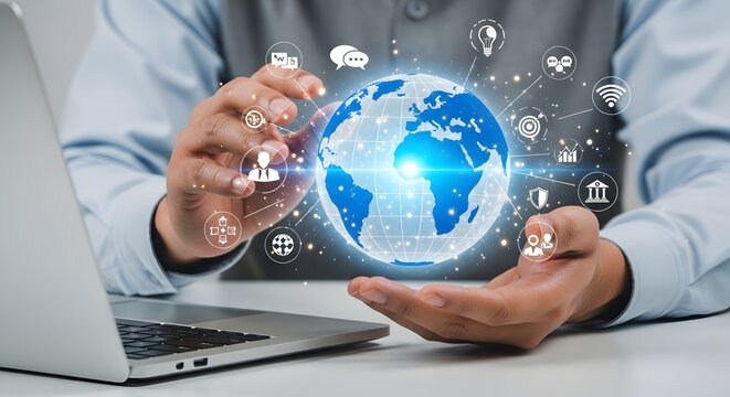 Global Connection: Businessman Holding Holographic Earth with Data Icons