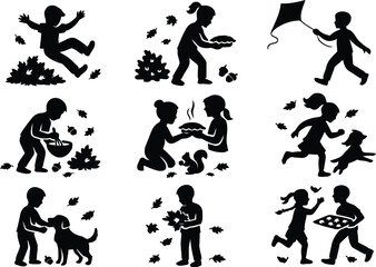 Vector art of collection of children playing in autumn leaves, isolated on white background vector