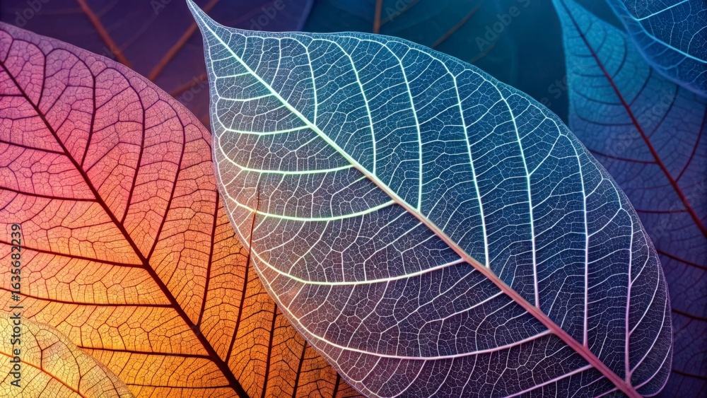 Poster close up of translucent leaves with visible veins and colorful gradient backgrounds design element