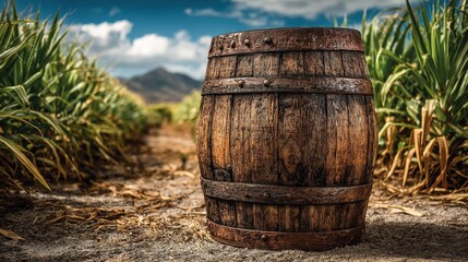 Fototapeta premium American red oak rum barrel beside sun-washed sugarcane fields in Barbados