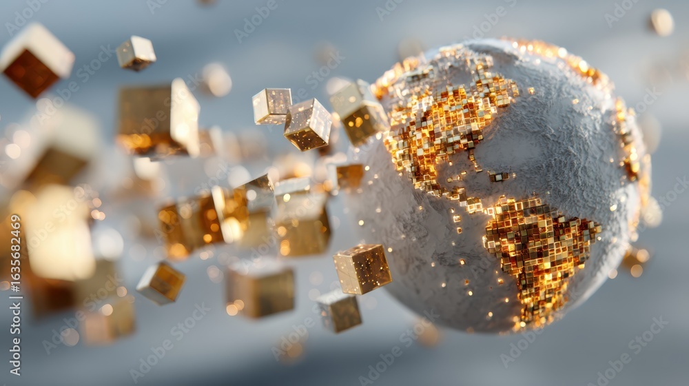 Poster a 3d representation of a globe surrounded by floating geometric shapes, symbolizing technology, conn