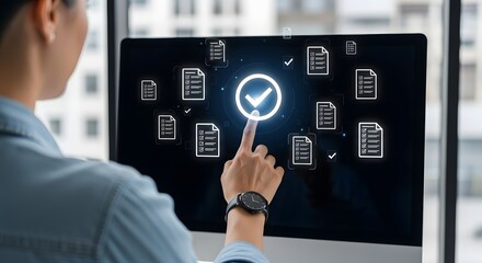 Man Interacting with Data Visualization on Computer Screen - Workflow and Process Approval Concept
