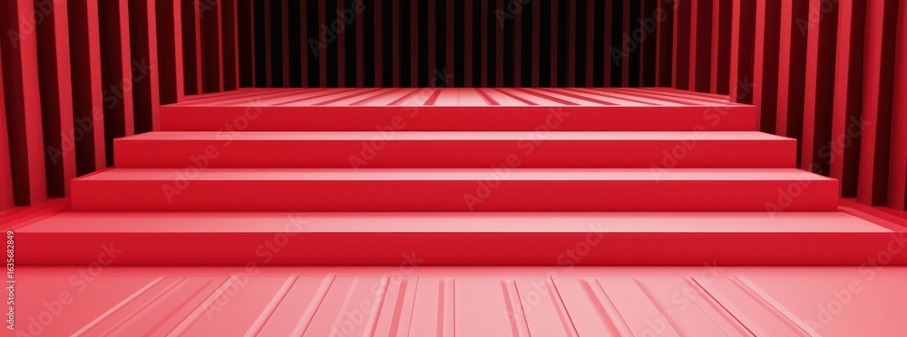 Poster red geometric staircase leading to dark background with vertical lines in abstract composition