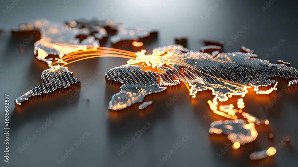 Poster a stylized world map illuminated with glowing connections, showcasing global interactions and networ