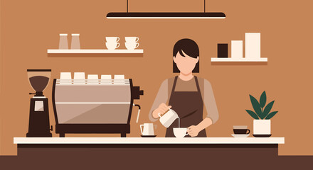 A female barista wearing an apron pours milk into a cup behind a coffee shop counter with an espresso machine.