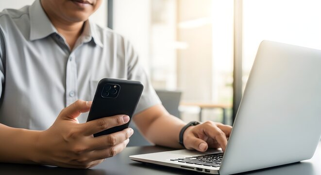 Professional multitasking with smartphone and laptop in contemporary office workspace