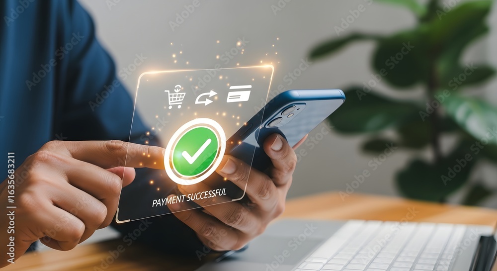 Poster seamless online payment transaction with smartphone and secure digital confirmation alerts