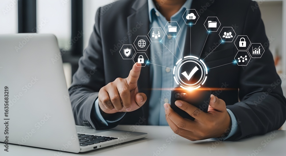 Poster secure digital communication concept with data protection on mobile and laptop technology