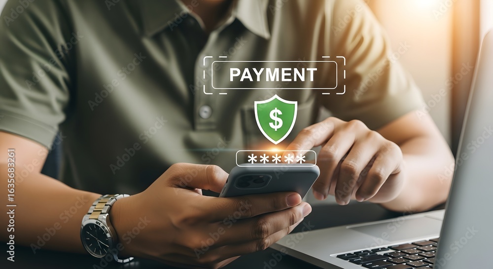 Poster secure mobile payment technology concept with smartphone transaction and security icon