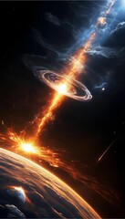 Cosmic Energy Beam Impacting Earth, Gamma Ray Burst in Deep Space, High-Energy Astrophysical Phenomenon