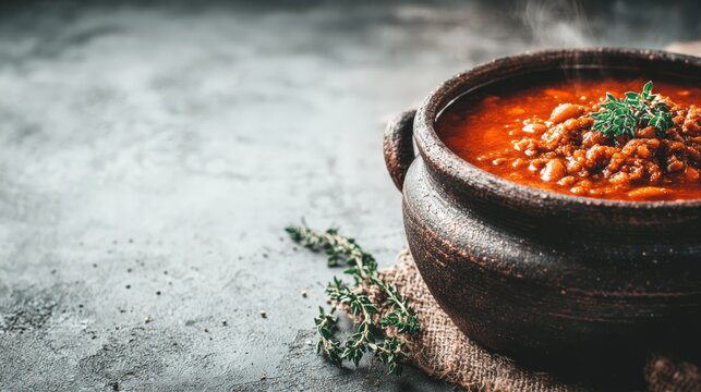 Rustic French winter cassoulet served in a cast-iron cocotte on gray surface