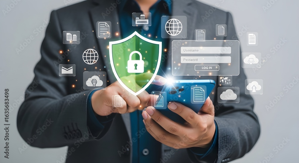 Poster smartphone security and data protection concept with icons of cloud and digital lock symbol
