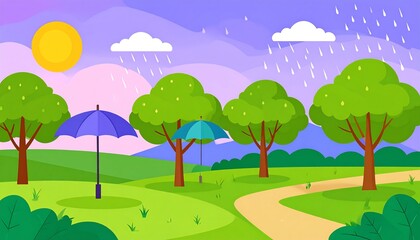 Fototapeta premium Park scene with umbrellas during a light rain.