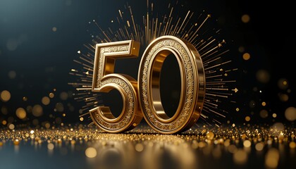 Golden ornate number fifty with sparkling festive lights and glowing particles background