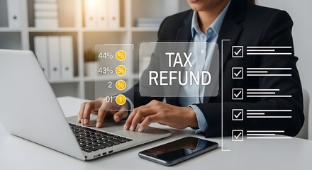 Tax refund processing with a business professional using a laptop in an office environment