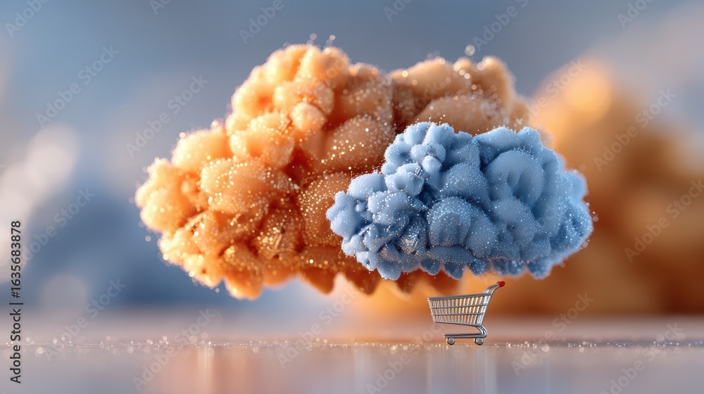 Poster a surreal image featuring fluffy clouds in orange and blue hues hovering above a shopping cart, crea