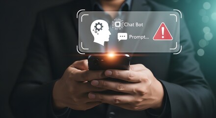 AI chatbot technology concept with smartphone in hands of businessman and warning sign
