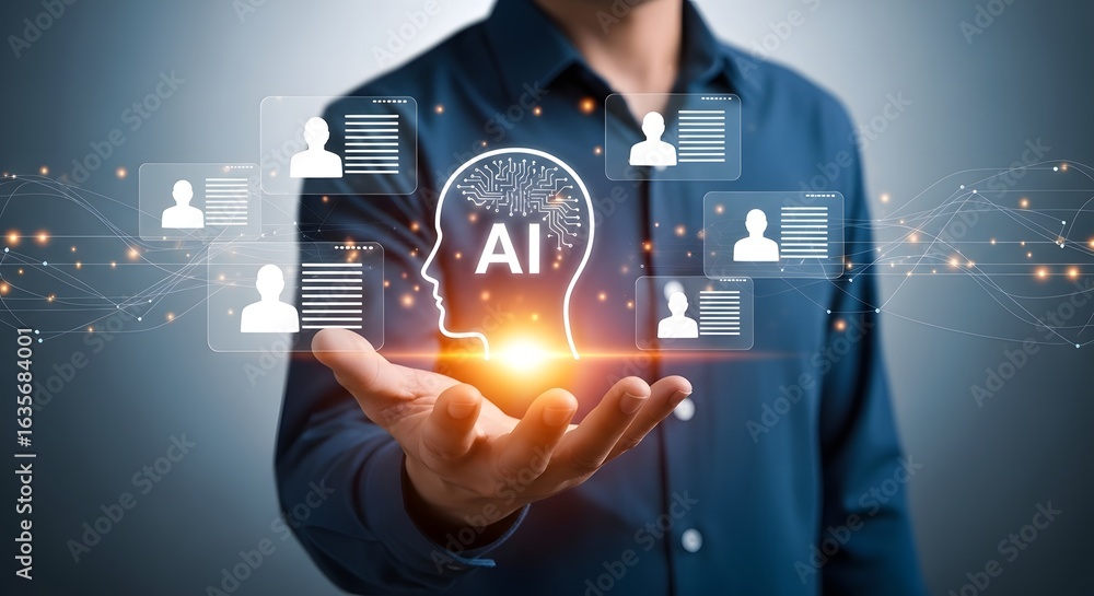 Poster artificial intelligence concept with human connections and digital data displayed visually