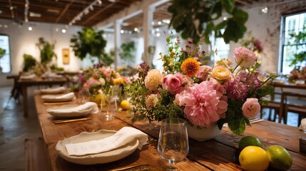 Bright Los Angeles floral workshop with a single worktable centerpiece and airy negative space, ideal for wedding planners and creative studios