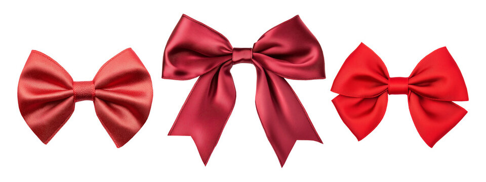 Red satin ribbon bow collection, isolated set on transparent background