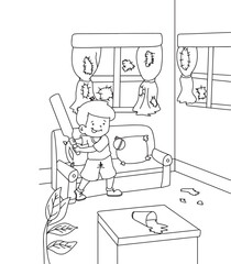 Cute cartoon hand drawn vector Boy with ball and broken glass (bad habit or bad manner) outline.	