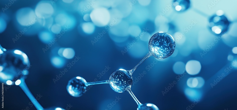 Aufkleber a realistic microscopic view of molecular structures of water molecules in a blue background, showca