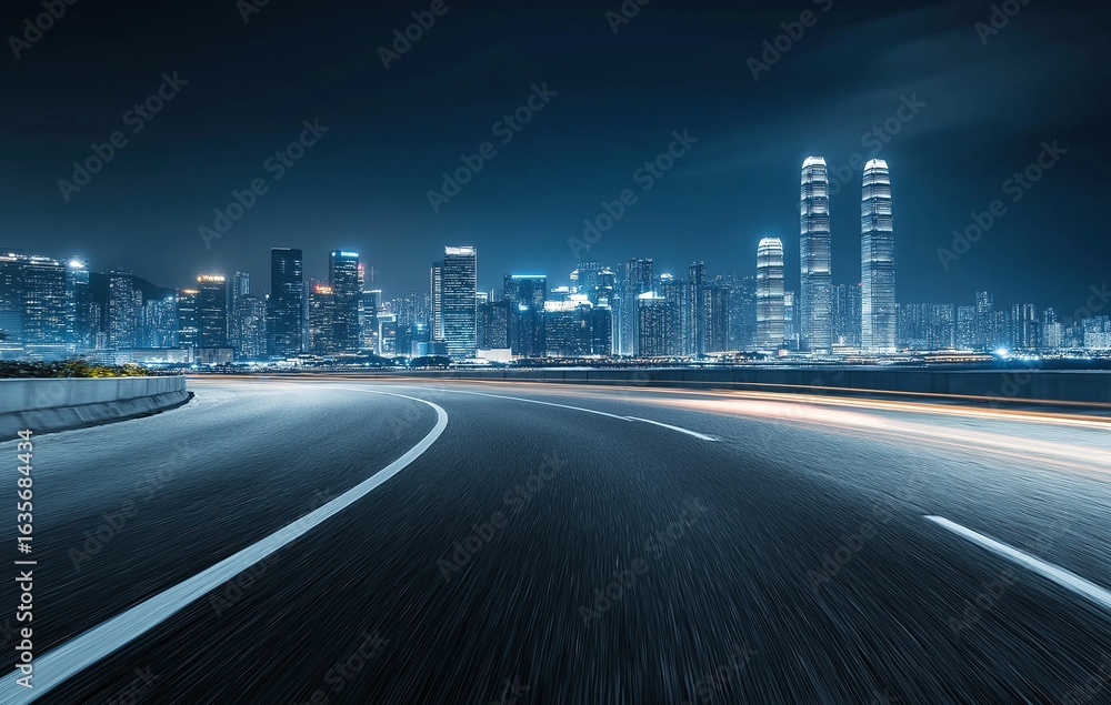 Aufkleber a dynamic empty highway with motion blur effect stretches toward a glowing city skyline at night, cr