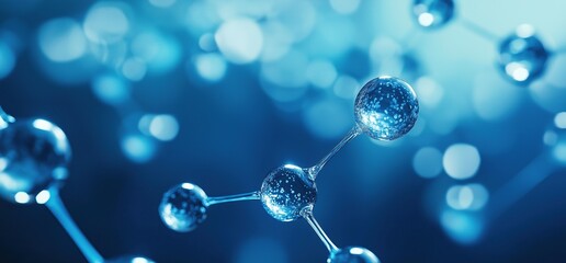 A realistic microscopic view of molecular structures of water molecules in a blue background, showcasing detailed scientific visualization with copy space for modern science and technology concepts