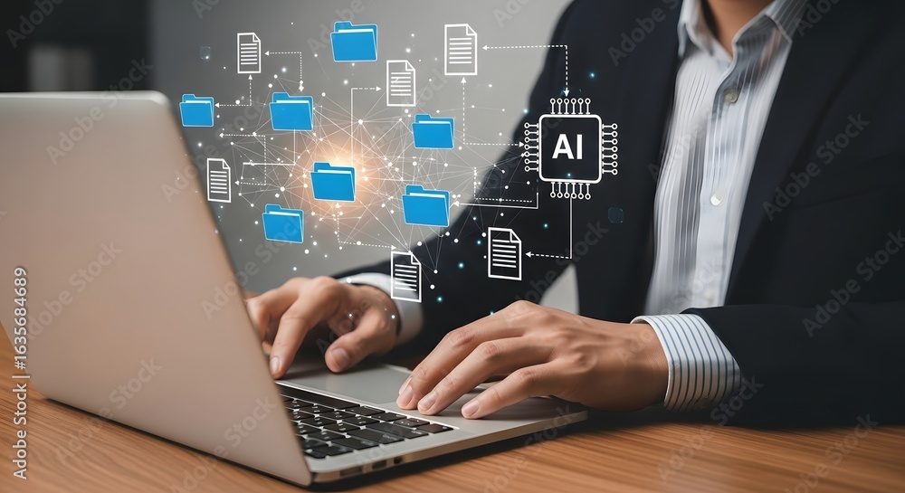 Poster business professional using ai for efficient data management and digital file organization
