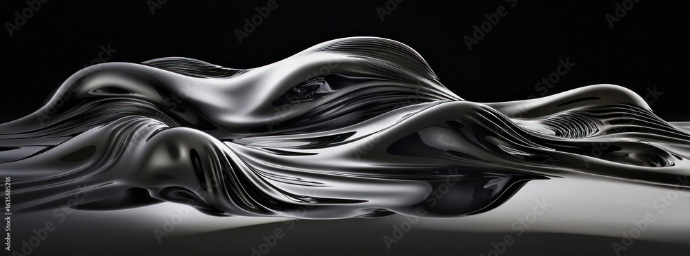 Poster abstract render of black wavy metallic texture with smooth fluid surface against dark background