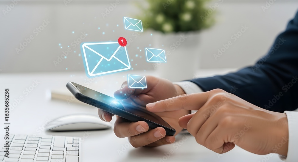Poster checking new email notifications on smartphone for effective digital communication alerts